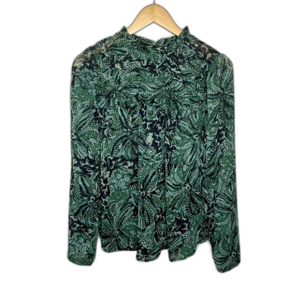 Maison d' Amelie Anthropologie sheer green tropical print blouse size XS